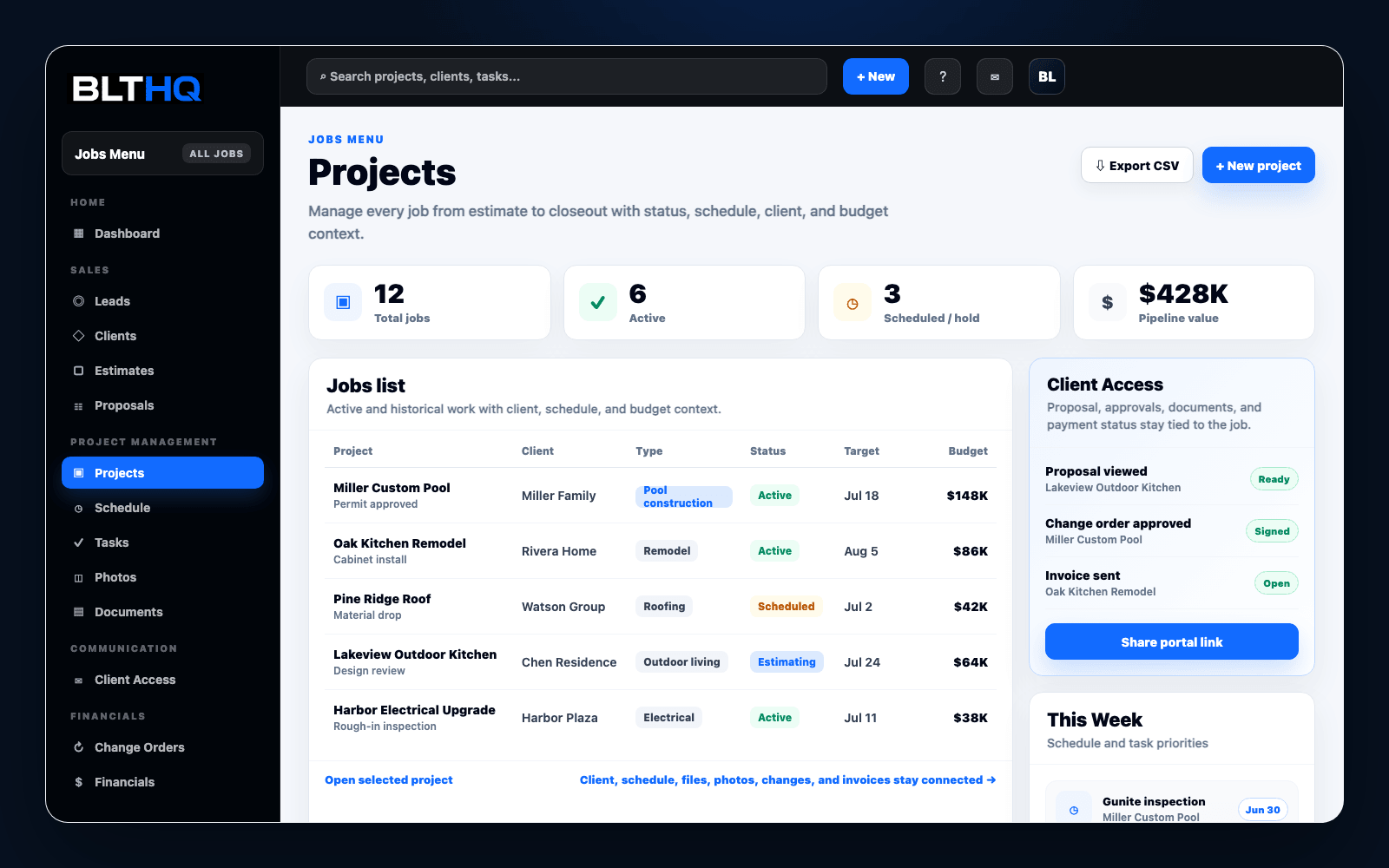 BLTHQ Projects module showing jobs, client access, schedule, and budget context